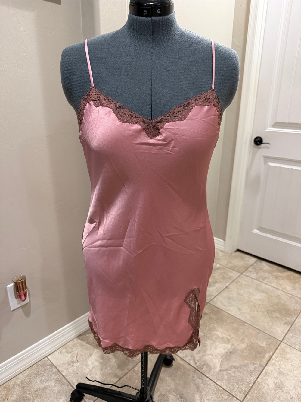 Victoria's Secret Dusty Rose Slip with Brown Lace